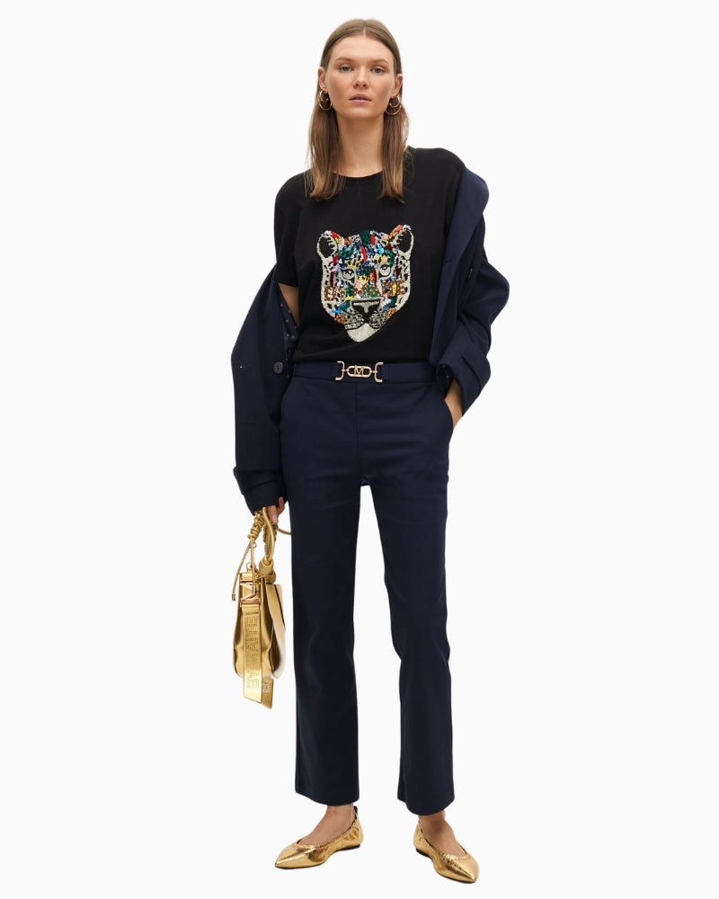 Front view of Maite t-shirt showing bold print and gemstone detail
