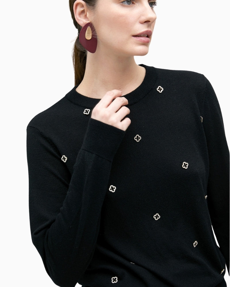 Close-up of jewel detail on soft black knit jumper