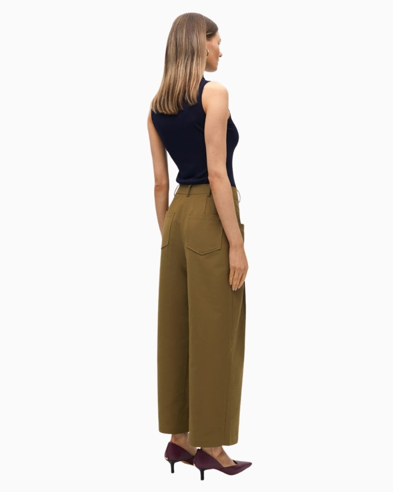 Side view of women’s cropped trousers showing soft fabric and clean silhouette