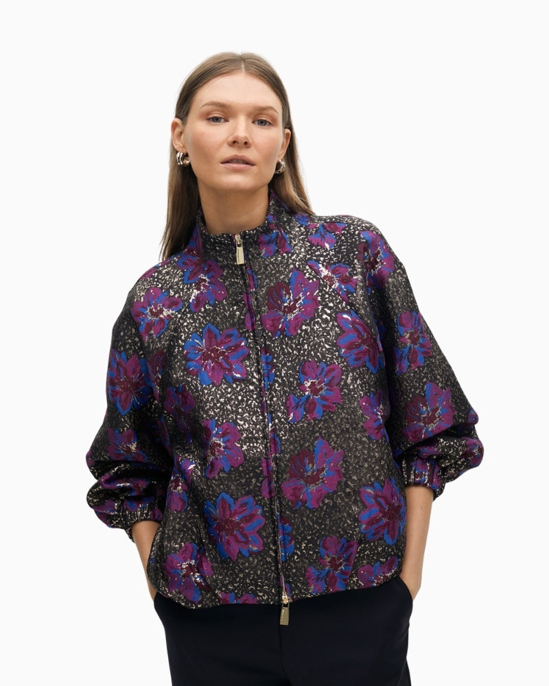 Front view of Lola Casademunt jacquard bomber jacket with metallic floral detail