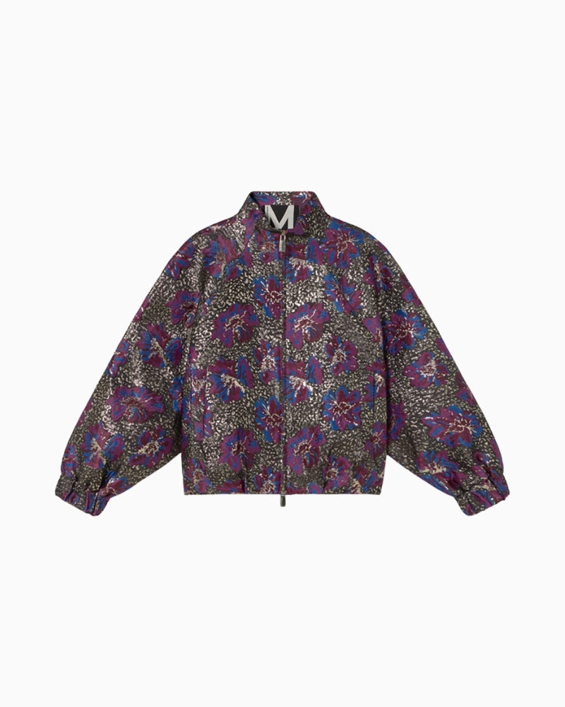Front view of Lola Casademunt jacquard bomber jacket with metallic floral detail