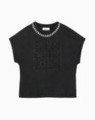 Front view of grey washed Lola Casademunt t-shirt with jewel neckline and embossed text