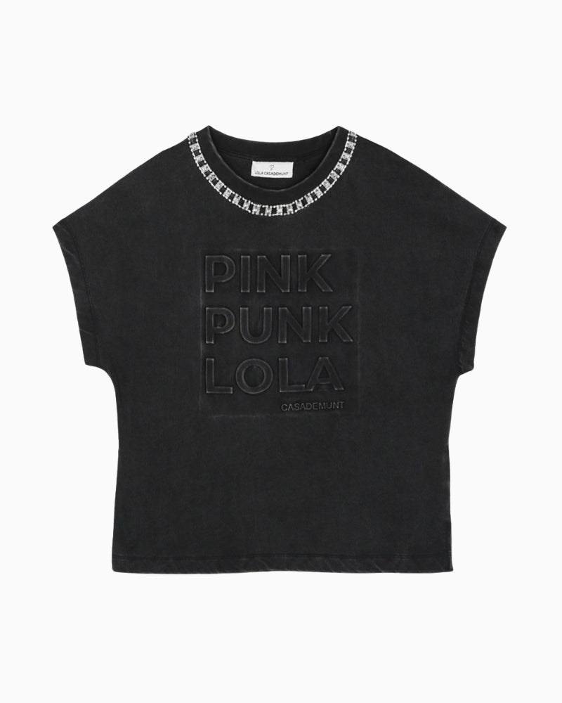 Front view of grey washed Lola Casademunt t-shirt with jewel neckline and embossed text