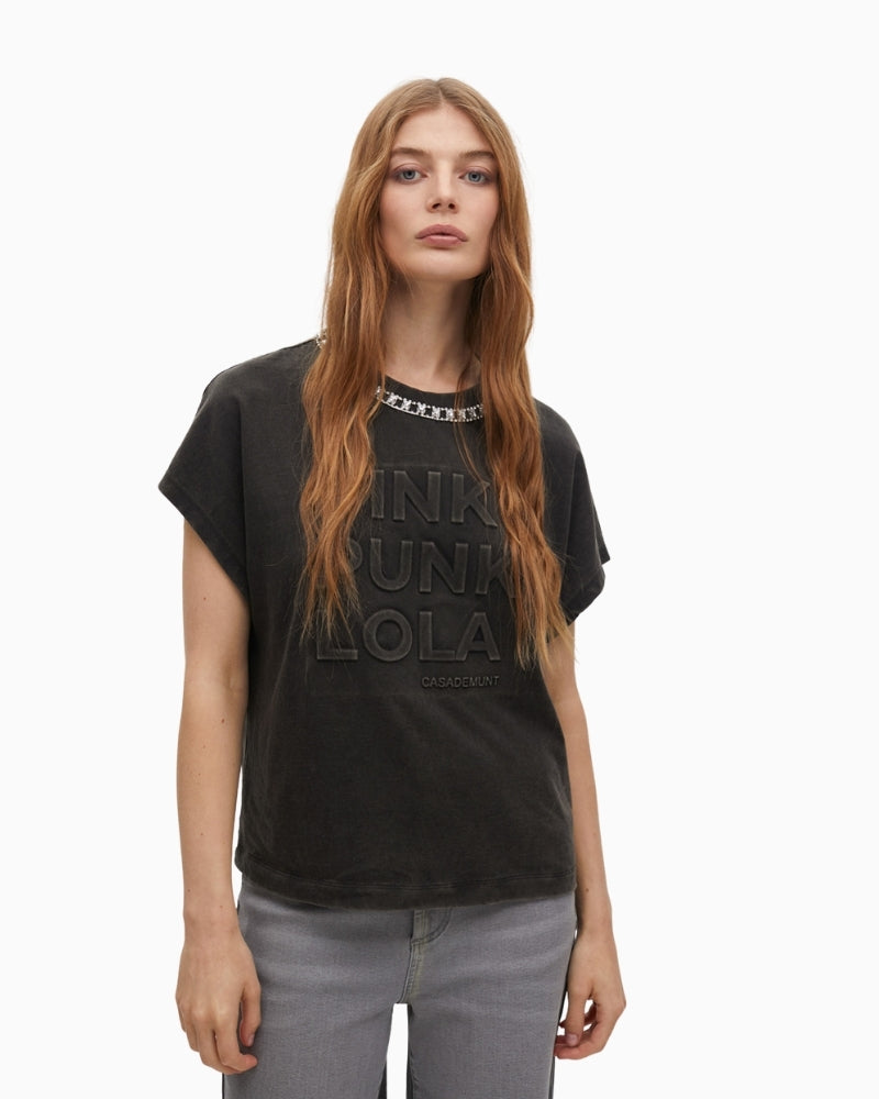 Front view of grey washed Lola Casademunt t-shirt with jewel neckline and embossed text