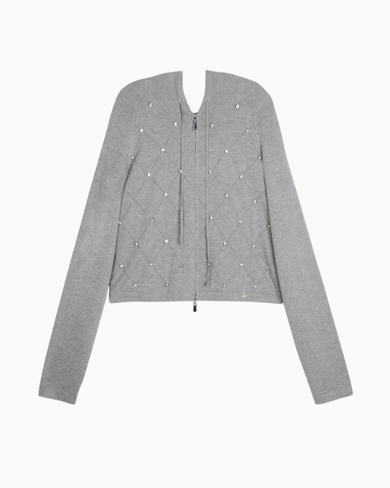 Grey knit gilet by Lola Casademunt with pearl bead detail and hood