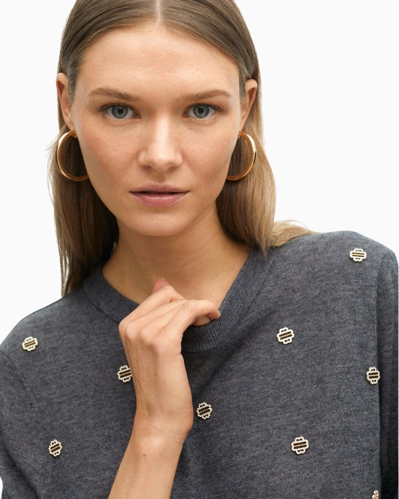 Close-up of embellishment detail on merino blend sweater
