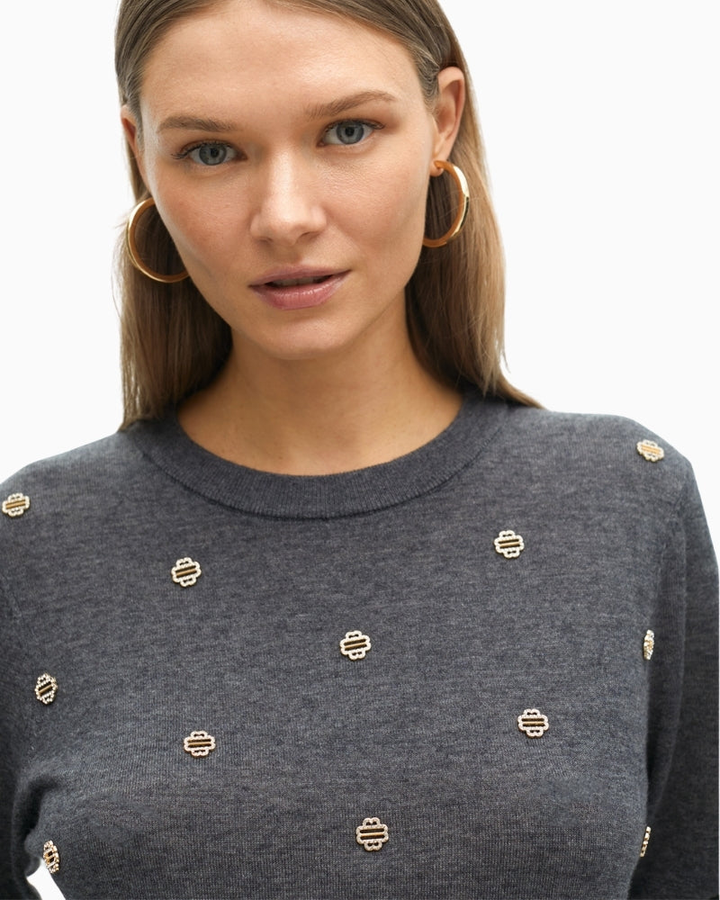 Close-up of embellishment detail on merino blend sweater