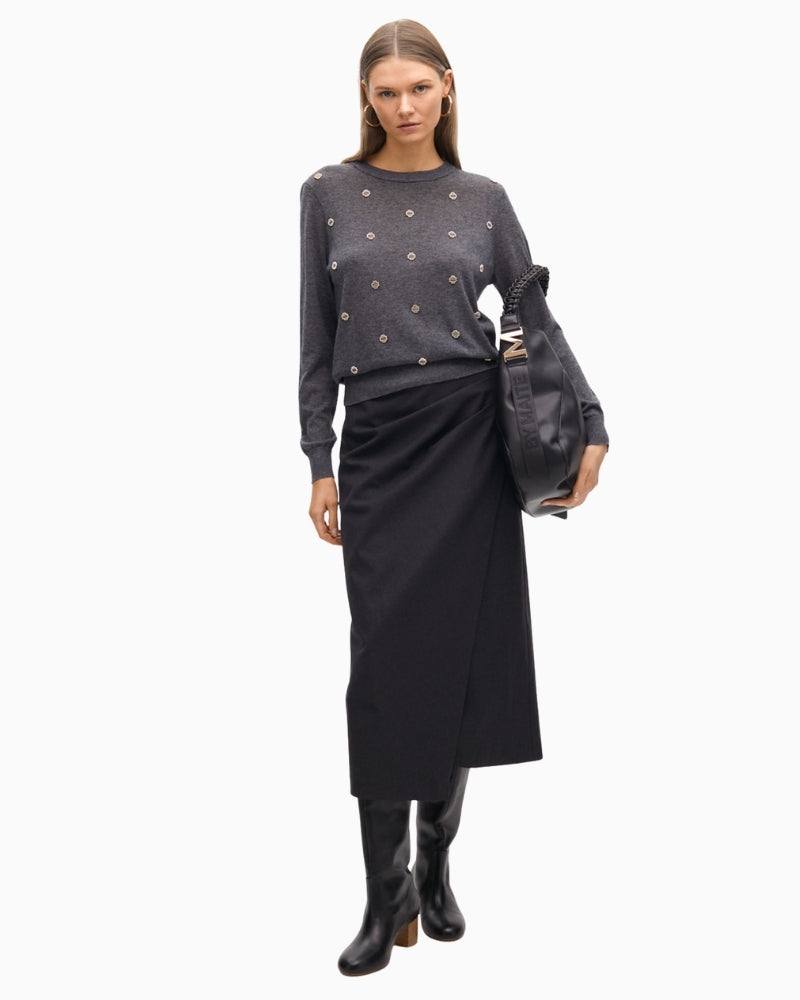 Soft knit jumper by Lola Casademunt with gold embellishments and round neckline