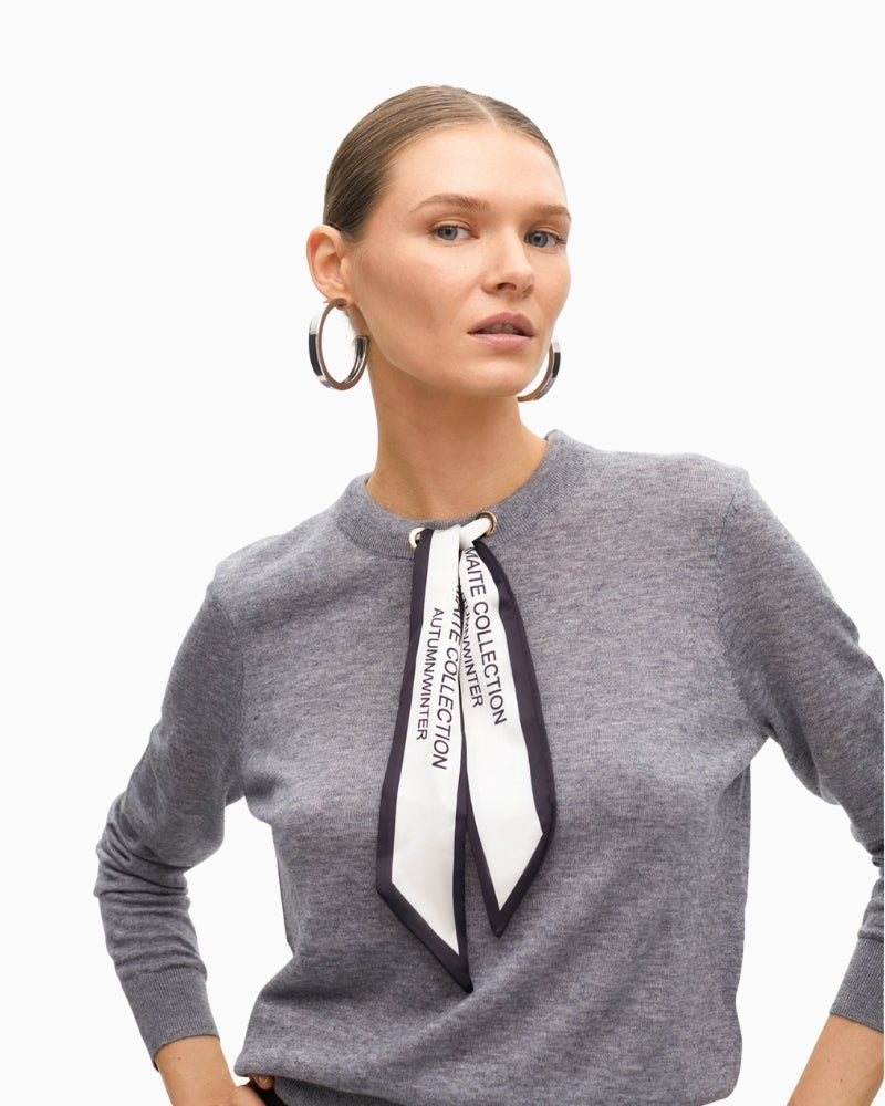 Soft long-sleeve knit top in wool blend with attached scarf