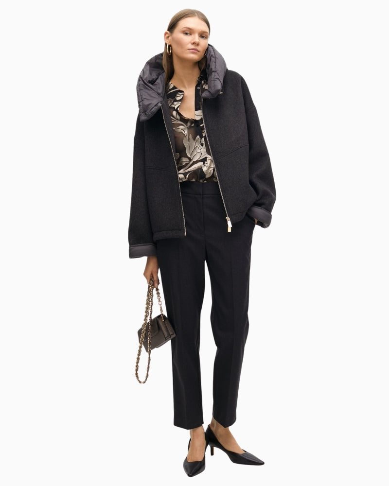 Front view of Maite collection bi-material jacket in neutral tones