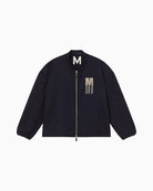 Front view of Lola Casademunt pinstripe bomber with jewel embellishment and zip closure