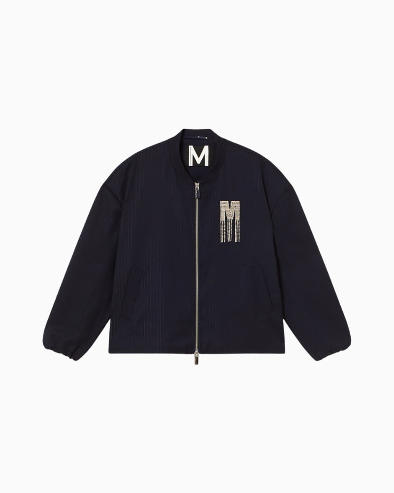 Front view of Lola Casademunt pinstripe bomber with jewel embellishment and zip closure