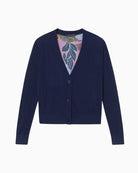 Front view of Lola Casademunt navy cardigan with V-neck and button closure
