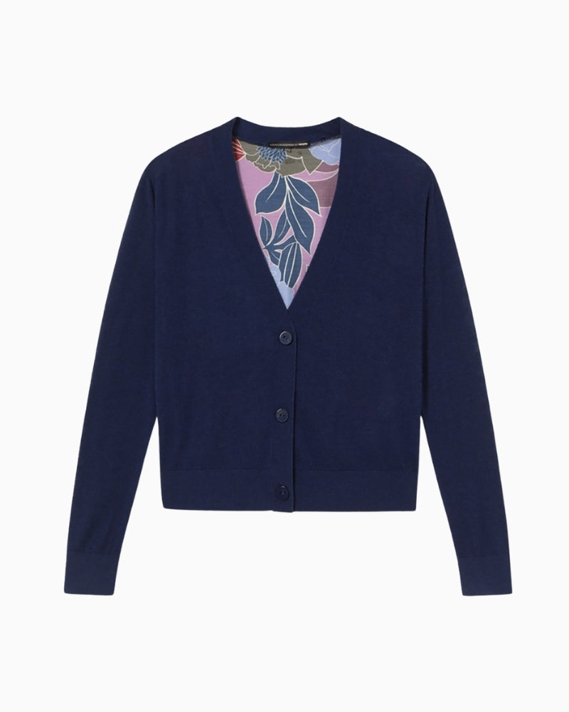 Front view of Lola Casademunt navy cardigan with V-neck and button closure