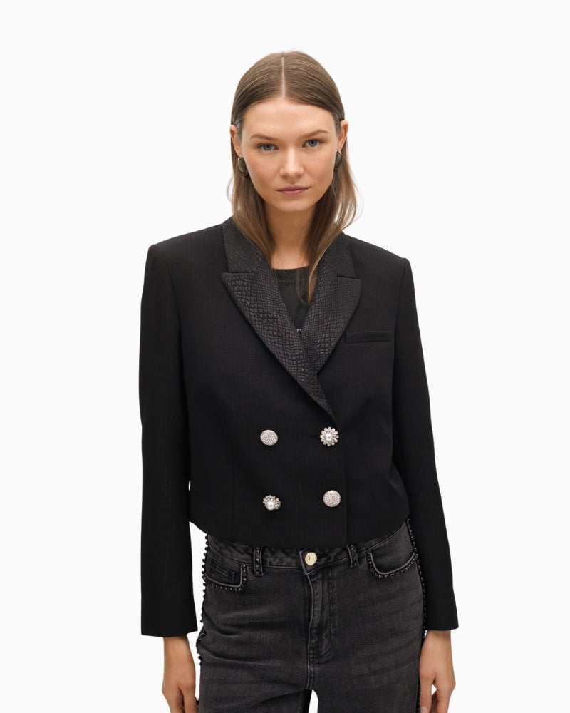 Lola Casademunt short blazer with animal print lapel and jewel buttons