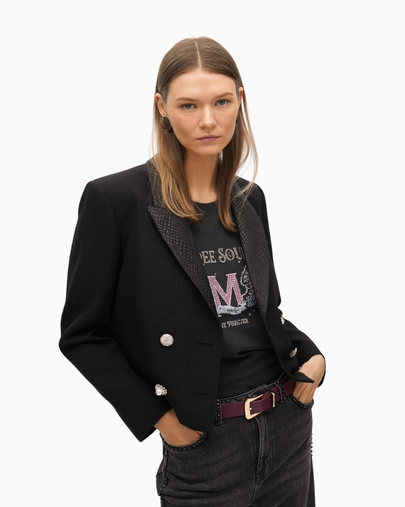 Lola Casademunt short blazer with animal print lapel and jewel buttons