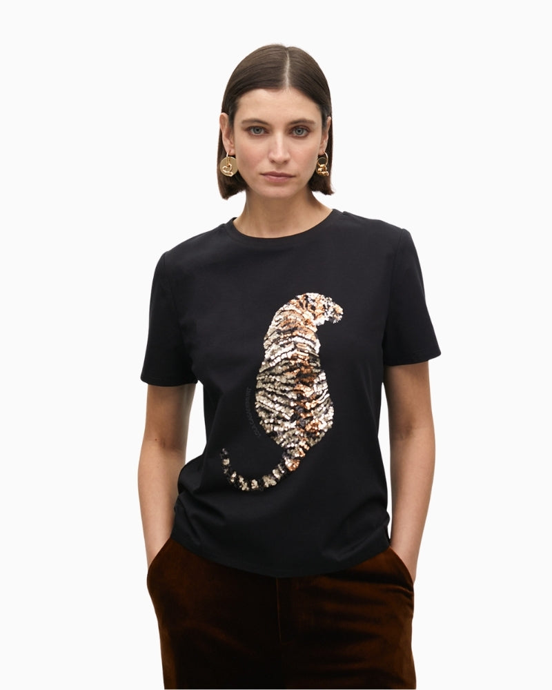Front view of Lola Casademunt black T-shirt with rhinestone tiger motif