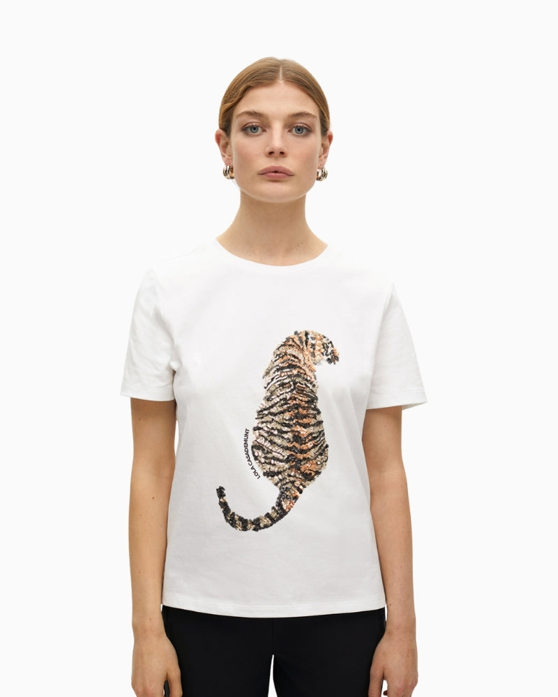 Front view of white Lola Casademunt T-shirt with rhinestone tiger motif