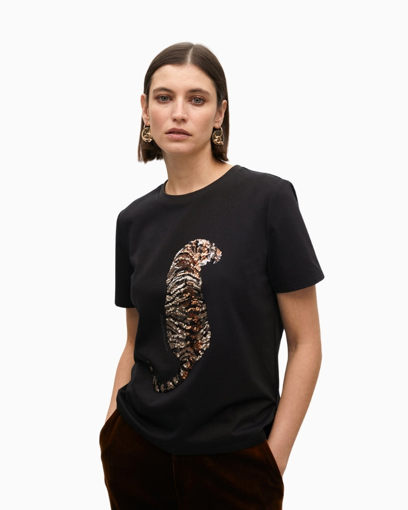 Front view of Lola Casademunt black T-shirt with rhinestone tiger motif