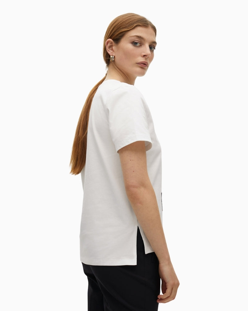 Side view showing straight fit and short sleeve detail