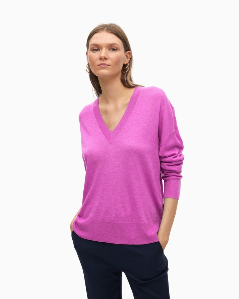Front view of Lola Casademunt wide-cut V-neck jumper in soft knit fabric