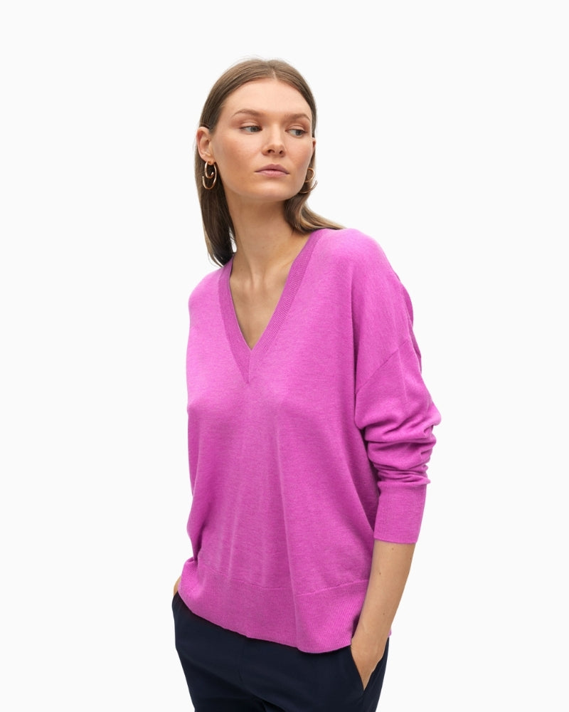 Front view of Lola Casademunt wide-cut V-neck jumper in soft knit fabric