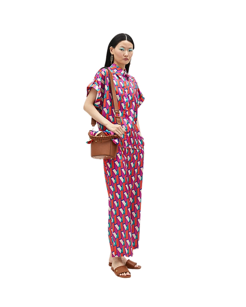 Full outfit featuring matching printed shirt and trousers set