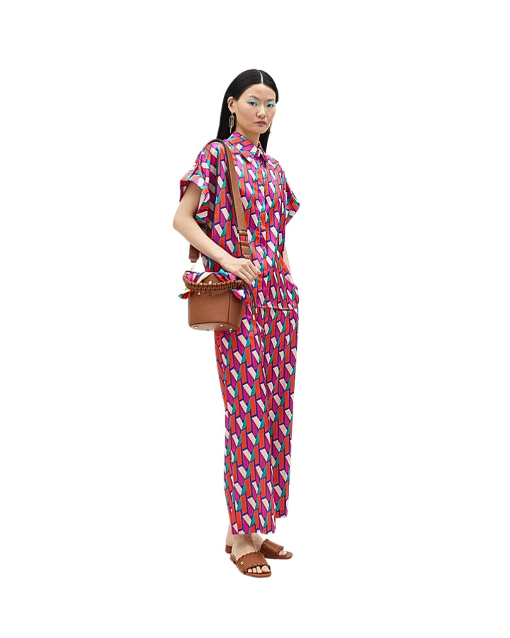 Full outfit featuring matching printed shirt and trousers set