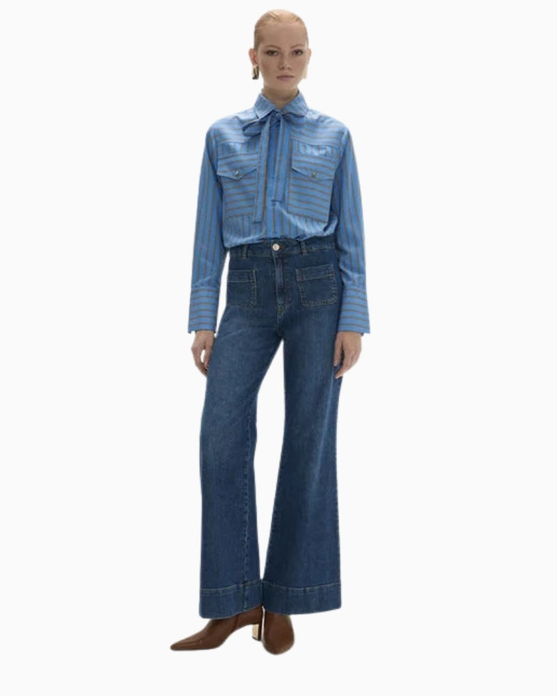 Lola Casademunt Blue Stripe Shirt neck tie detail