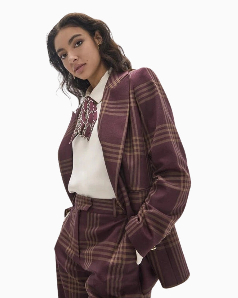 Lola Casademunt Checked Blazer in Burgundy angled side view