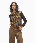 Lola Casademunt Leopard Jumper in Brown front view with leopard print panel