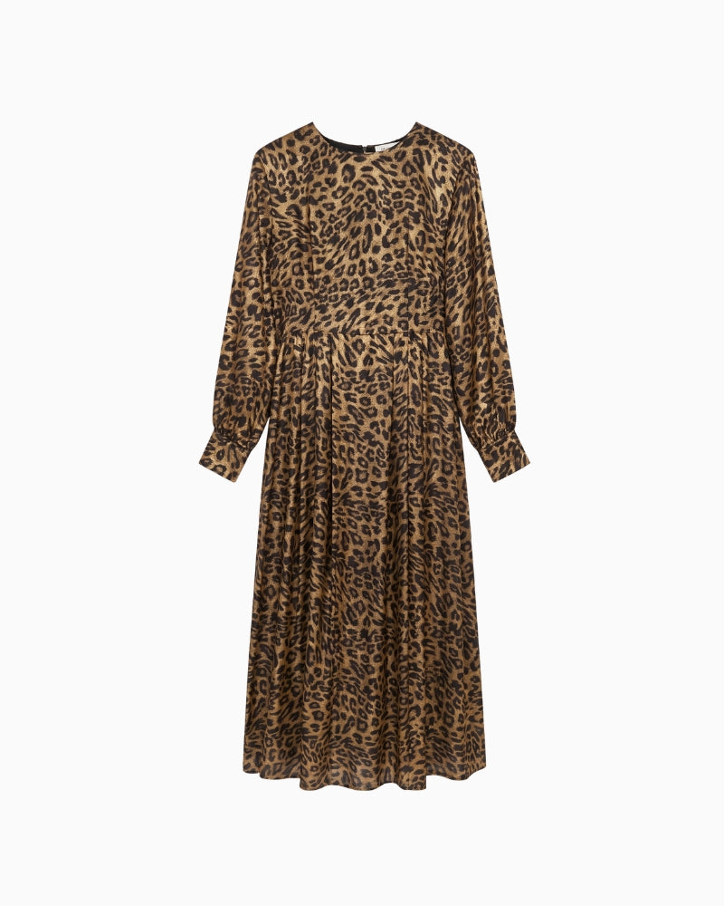 Lola Casademunt Long Sleeve Midi Dress in leopard print front view