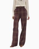 Lola Casademunt Long Straight Checked Trousers in Burgundy front view