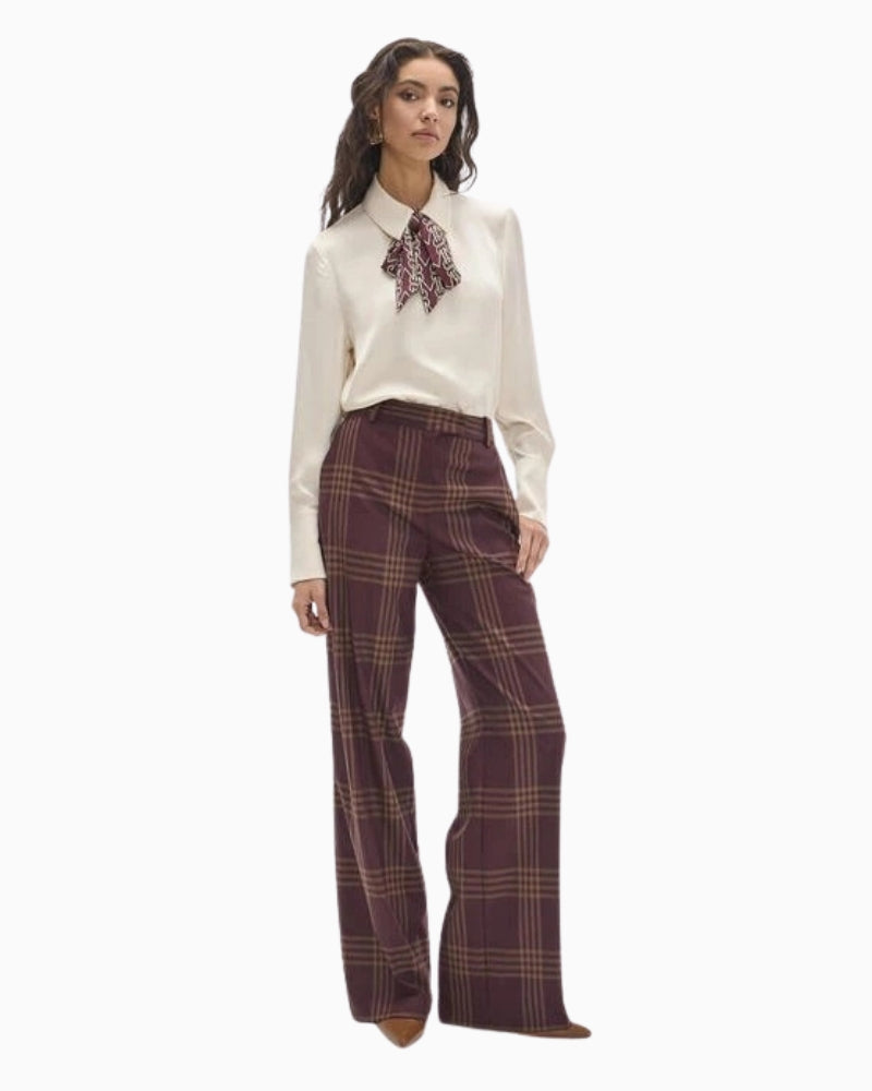 Lola Casademunt Long Straight Checked Trousers in Burgundy full outfit view