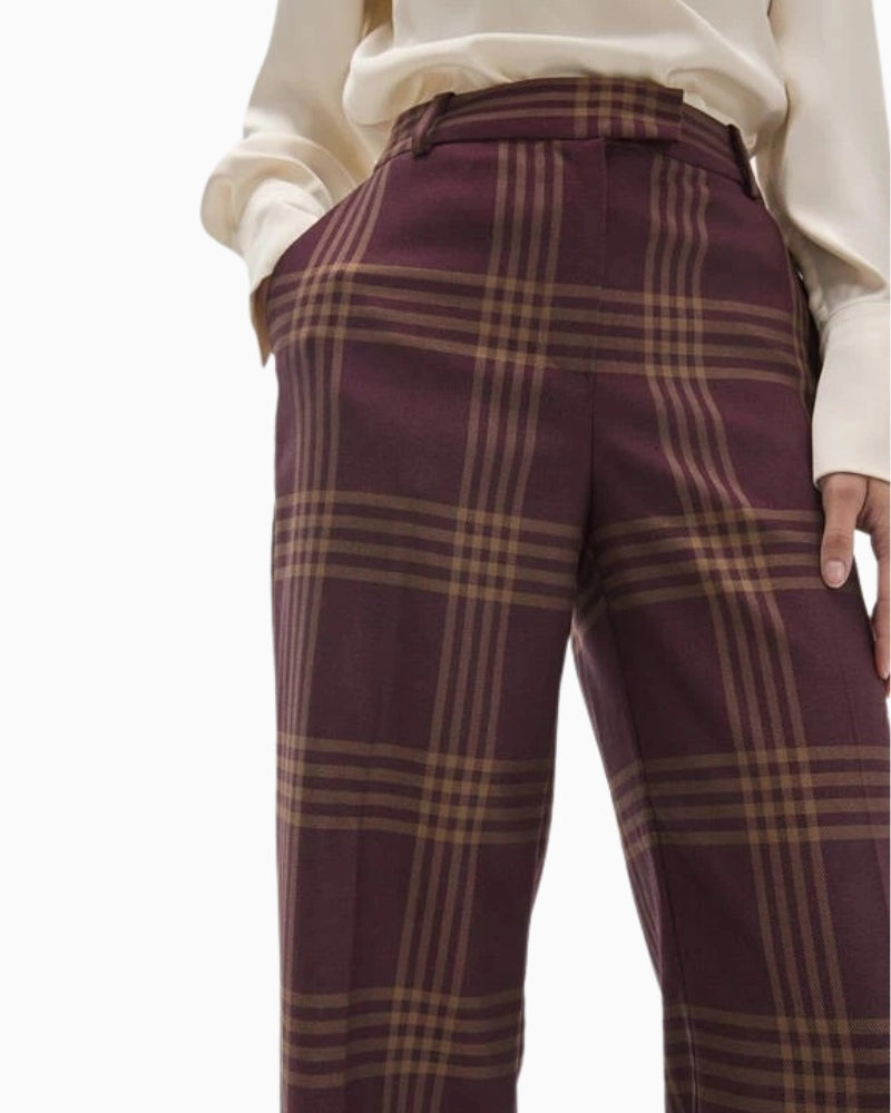 Lola Casademunt Long Straight Checked Trousers in Burgundy waistband detail