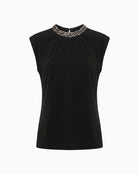 Lola Casademunt Sleeveless High Neck Top in black front view with embellished neckline