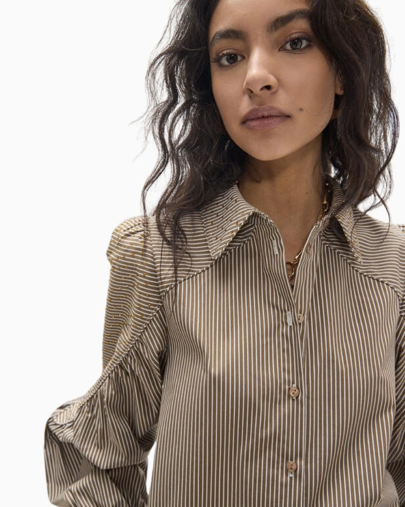 Lola Casademunt Striped Shirt in brown stripe collar detail