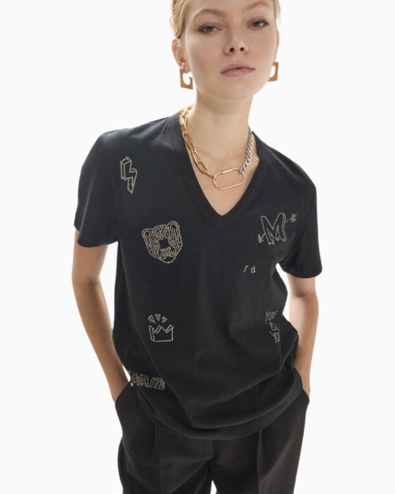 Lola Casademunt V-Neck T-Shirt in black with graphic motifs and mini studs