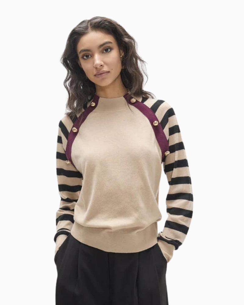 Lola Casademunt by Maite Striped Sleeve Button Detail Jumper in off white front view