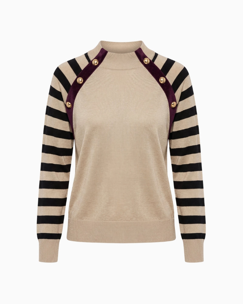 Lola Casademunt by Maite Striped Sleeve Button Detail Jumper in off white full outfit view