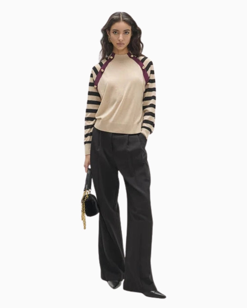 Lola Casademunt by Maite Striped Sleeve Button Detail Jumper in off white model front view