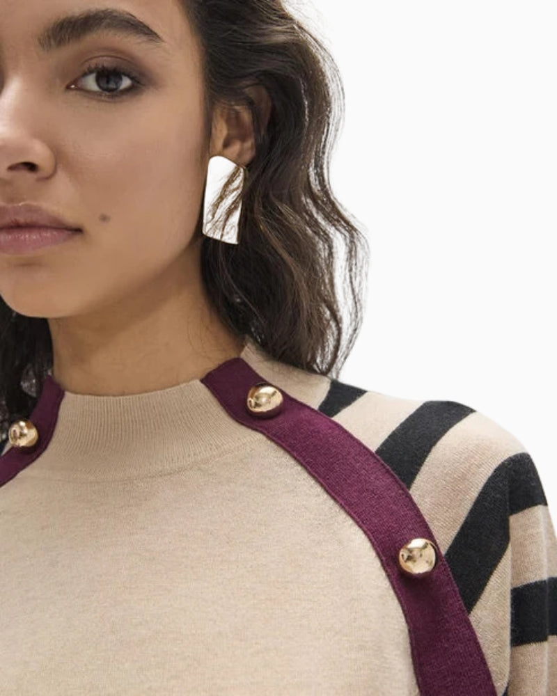 Lola Casademunt by Maite Striped Sleeve Button Detail Jumper in off white neckline and button detail