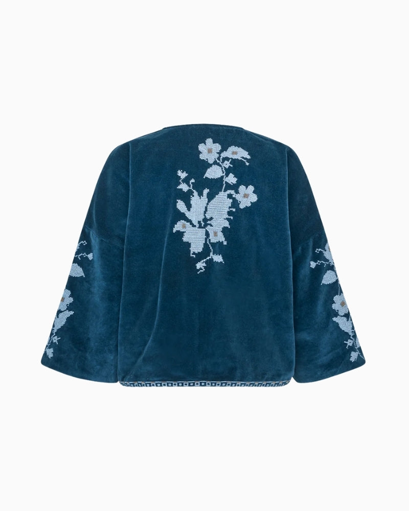 Lollys Laundry Amby velvet jacket blue back embroidery view – Áines Boutique