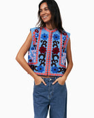 Lollys Laundry Bin embroidered vest blue front view – Áines Boutique