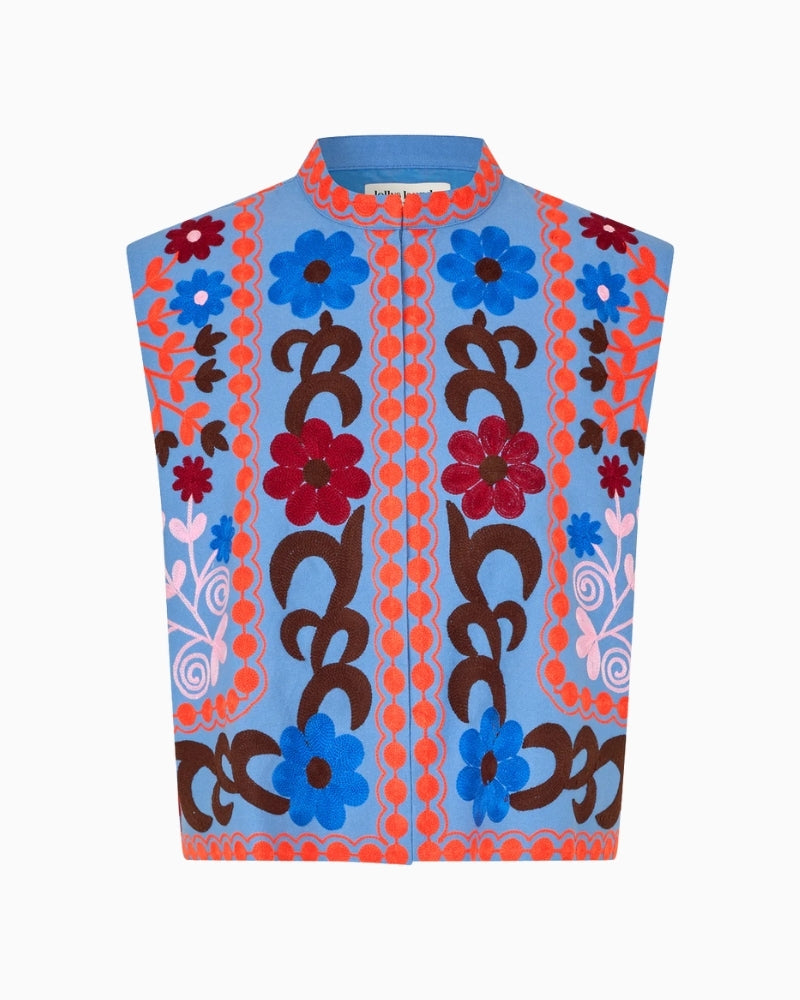 Lollys Laundry Bin embroidered vest blue front view – Áines Boutique