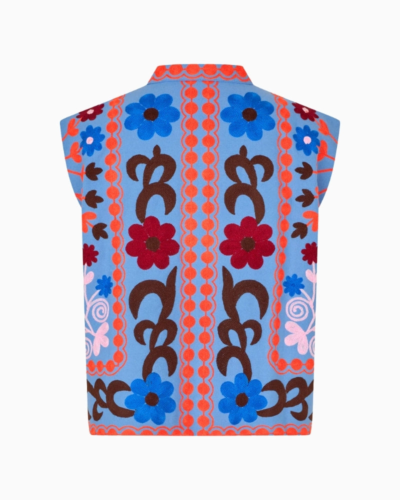 Lollys Laundry Bin embroidered vest blue back view – Áines Boutique