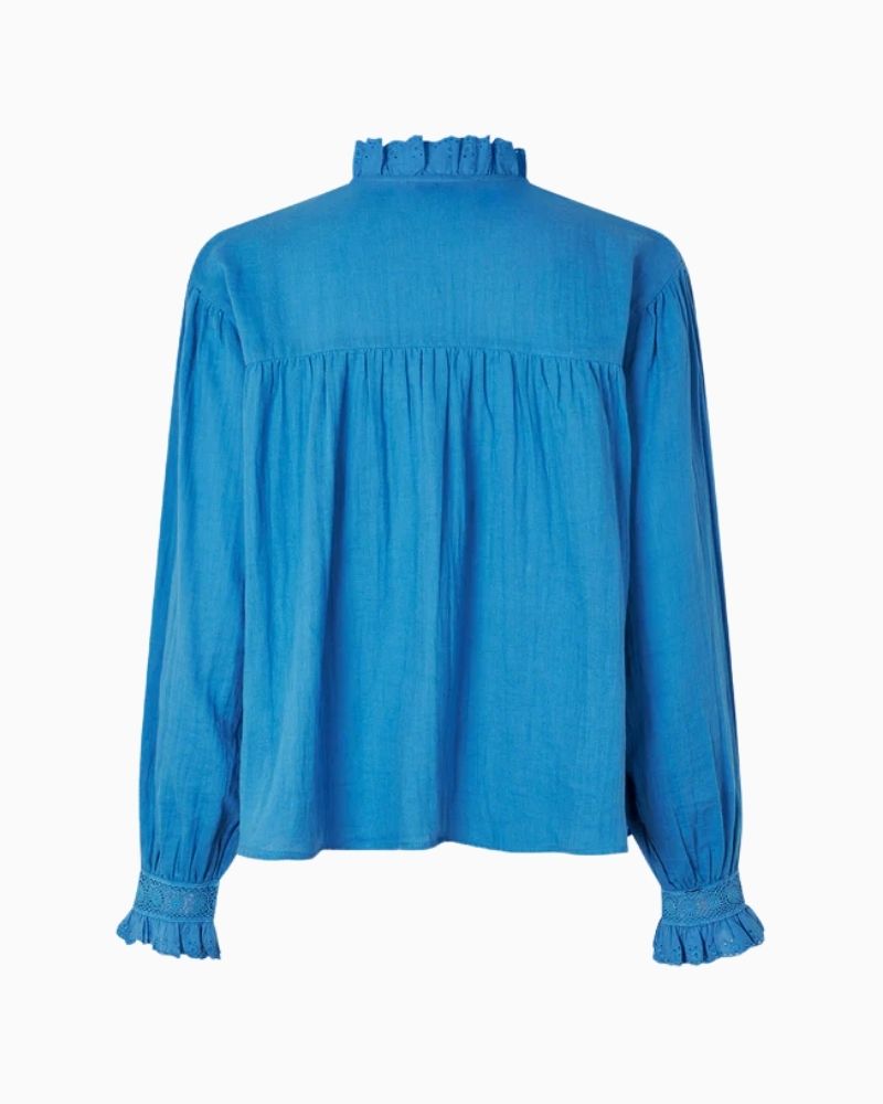 Back of Lollys Laundry Gemma shirt in neon blue with lace-trimmed yoke 
