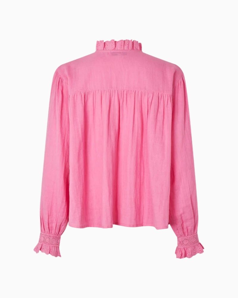 Back of Lollys Laundry Gemma shirt in pink with lace-trimmed yoke  