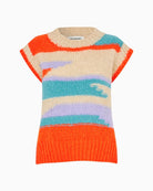 Front view of striped vest showing relaxed, boxy fit and ribbed edges