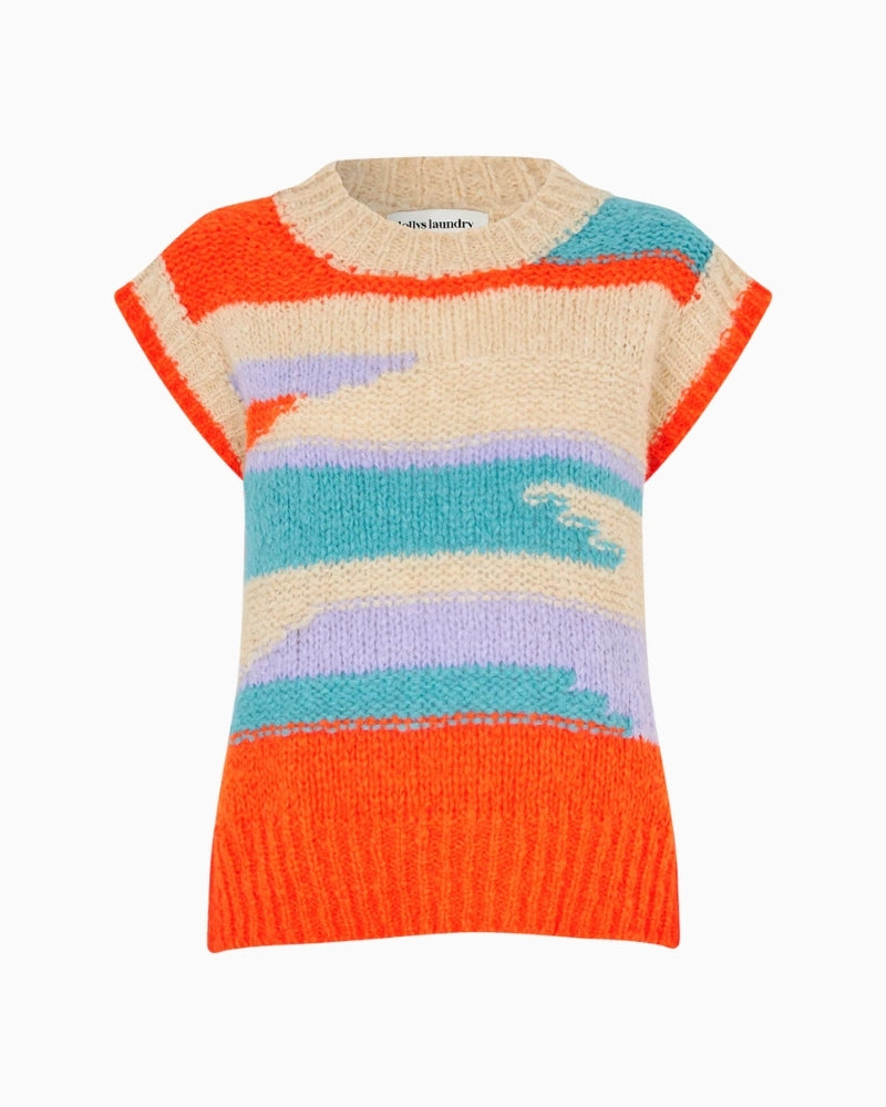 Front view of striped vest showing relaxed, boxy fit and ribbed edges
